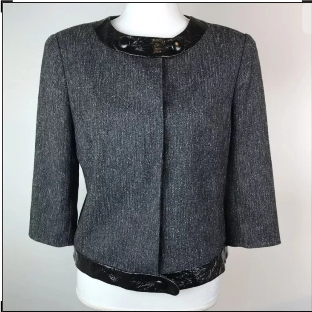 Worthington Cropped Blazer Top M‎ Black Faux Leather Snap Front Office Workwear